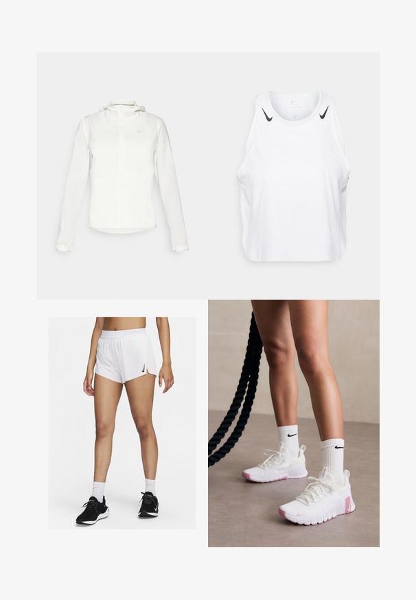 Bijela Nike jakna s kapuljačom, punim zatvaračem, elastičnim manžetama i suptilnim logotipom na prsima. Glatka textura i lagan dizajn.; Bjela majica bez rukava napravljena od lagane tkanine, sa crnim Nike logotipom na ramenima, okruglim izrezom i ležernim krojem.; Bijele sportske kratke hlače s rebrastim pojasom, bočnim prorezima i crnim logotipom Nike. Nošene s crnim tenisicama i bijelim čarapama do sredine lista.; Bijele atletske tenisice s ružičastim akcentima, teksturiranim gornjim dijelom i podstavljenim ovratnikom, uparene s bijelim rebrastim čarapama koje imaju crni logo.