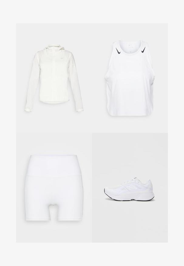 White Nike jacket with a hood, full zip, elastic cuffs, and a subtle logo on the chest. Smooth texture and lightweight design.; White sleeveless tank top made of lightweight fabric, featuring black Nike logo accents on shoulders, round neckline, and relaxed fit.; White high-waisted shorts made from stretch fabric. Features a smooth texture and fitted design, with no additional patterns or hardware.; White athletic shoe with mesh upper, padded collar, and a textured sole. Features a silver logo on the side and a sleek, modern design.