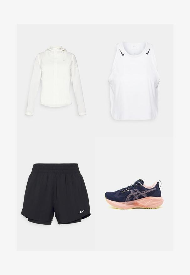 Hvit Nike-jakke med hette, hel glidelås, elastiske mansjetter og en diskret logo på brystet. Glatt tekstur og lett design.; Hvit ermeløs tanktop laget av lett materiale, med svarte Nike-logo aksenter på skuldrene, rund hals og avslappet passform.; Svarte idrettsshorts med samlet elastisk midje, indre fôr og hvit Nike-logo nederst til venstre. Jevnt, lett stoff.; Mørkeblå løpesko med mesh-overdel, rosa detaljer og grønn såle. Har en distinkt formen såle og snøring.