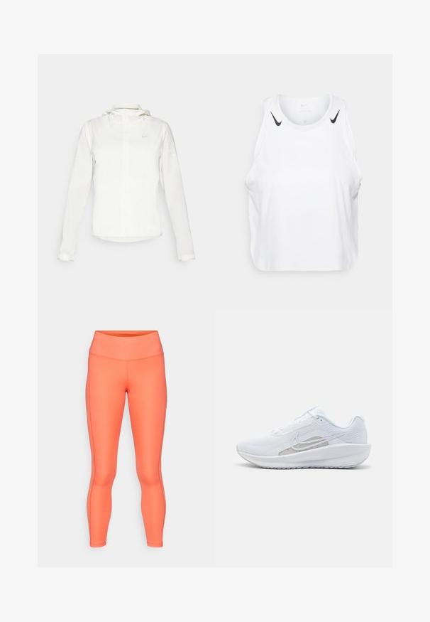 Jachetă albă Nike cu glugă, fermoar pe toată lungimea, manșete elastice și un logo subtil pe piept. Textură netedă și design ușor.; Top fără mâneci alb, realizat dintr-un material ușor, cu accente ale logo-ului Nike de culoare neagră pe umeri, gât rotund și croială lejeră.; Leggings elasticizate, ajustate pe corp, de culoare corai strălucitor, cu o talie înaltă, textură netedă și cusături laterale subtile. Design durabil, potrivit pentru activități sportive.; Pantof de atletism alb cu plasă superioară, vârf rotunjit și talpă texturată. Prezentă un logo Nike argintiu și un design minimalist.