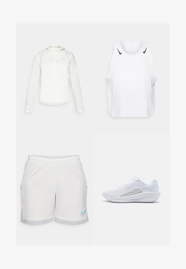 Valkoinen Nike-takki hupulla, täyspitkällä vetoketjulla, joustavilla hihansuilla ja hillityllä logolla rinnassa. Sujuva pinta ja kevyt muotoilu.; Valkoinen hihaton t-paita kevyestä kankaasta, jossa on mustat Nike-logo-yksityiskohdat olkapäillä, pyöreä pääntie ja rento istuvuus.; Valkoiset urheilushortsit elastisella vyötäröillä, joissa on turkoosit detaljit ja harmaa verkkohelma. Sileä kangas, suora leikkaus.; Valkoinen urheilujalkine, jossa on verkkomateriaali ylhäällä, pyöreä varvas ja teksturoitu pohja. Varustettu hopeisella Nike-ikkunalla ja minimalistisella muotoilulla.