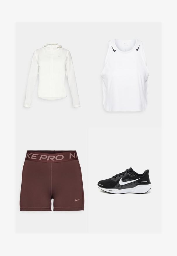 Bijela Nike jakna s kapuljačom, punim zatvaračem, elastičnim manžetama i suptilnim logotipom na prsima. Glatka textura i lagan dizajn.; Bjela majica bez rukava napravljena od lagane tkanine, sa crnim Nike logotipom na ramenima, okruglim izrezom i ležernim krojem.; Maroon atletske kratke hlače sa širokim tamnim pojasom na kojem je ispisan tekst "NIKE PRO". Glatka tekstura s malim ružičastim Nike logom sa strane.; Crne atletske tenisice s mrežastim gornjim dijelom, bijelim Nike swooshom i bijelim udobnim potplatom s teksturiranim detaljima.