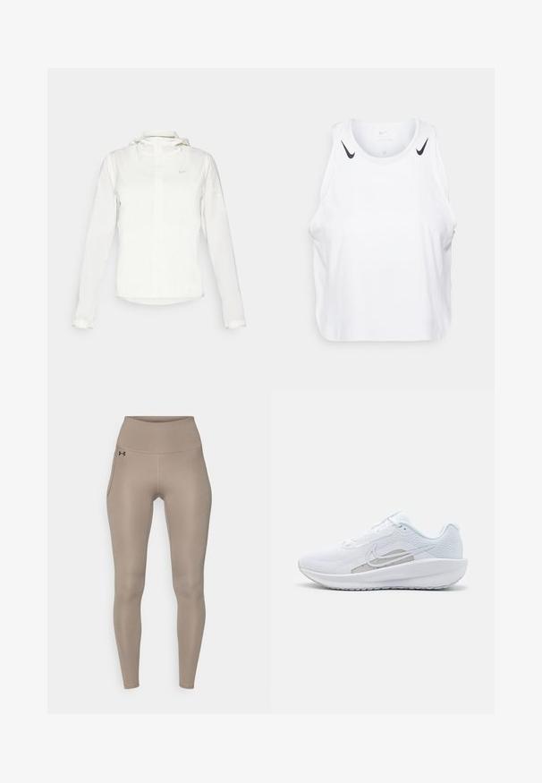 Giacca Nike bianca con cappuccio, zip completa, polsini elasticizzati e un logo discreto sul petto. Texture liscia e design leggero.; Top senza maniche bianco realizzato in tessuto leggero, con accenti del logo Nike nero sulle spalle, scollatura rotonda e vestibilità morbida.; Leggings beige a vita alta realizzati in materiale elastico con una texture liscia, dotati di tasche laterali e un piccolo logo distintivo.; Scarpa sportiva bianca con tomaia in rete, punta arrotondata e suola testurizzata. Presenta il logo Nike in argento e un design minimalista.