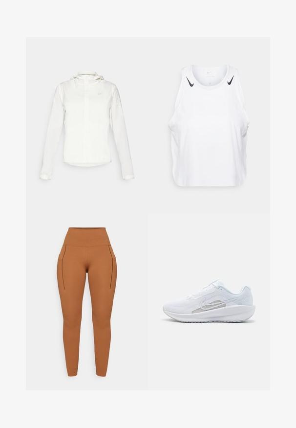 Giacca Nike bianca con cappuccio, zip completa, polsini elasticizzati e un logo discreto sul petto. Texture liscia e design leggero.; Top senza maniche bianco realizzato in tessuto leggero, con accenti del logo Nike nero sulle spalle, scollatura rotonda e vestibilità morbida.; Leggings marroni a vita alta con due tasche laterali, realizzati in un materiale liscio e elastico, caratterizzati da una minima dettagli di cucitura.; Scarpa sportiva bianca con tomaia in rete, punta arrotondata e suola testurizzata. Presenta il logo Nike in argento e un design minimalista.
