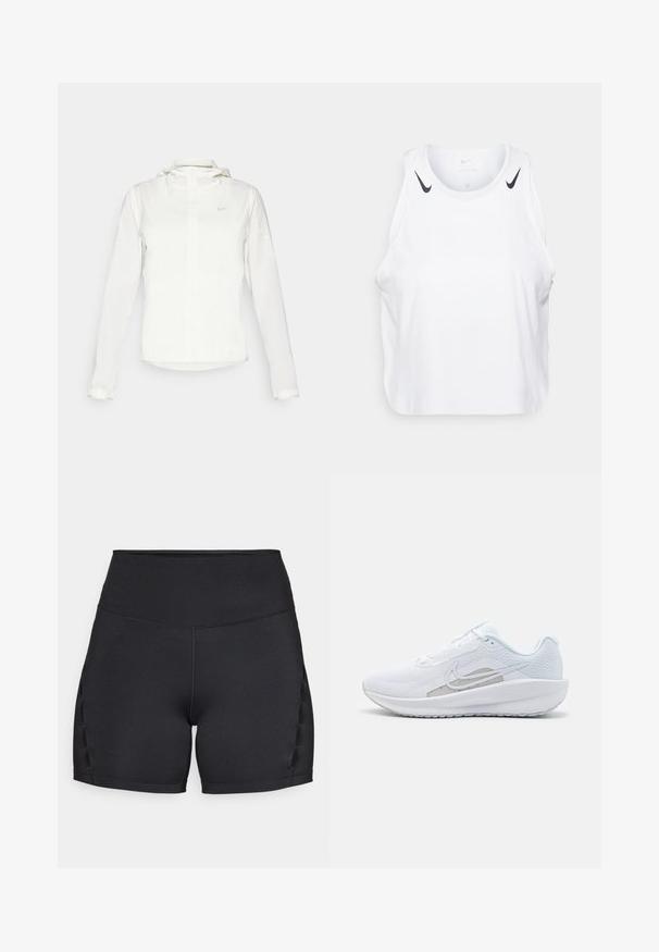 Biela Nike bunda s kapucňou, plným zipsom, elastickými manžetami a jemným logom na hrudi. Hladká textúra a ľahký dizajn.; Biely bezrukávový top vyrobený z ľahkej tkaniny, s čiernymi akcentmi loga Nike na ramenách, okrúhlym výstrihom a voľným strihom.; Čierne športové šortky s vysokým pásom, hladkou textúrou a postranným detailom s výrezmi pre priedušnosť. Bezšvová konštrukcia pre pohodlie.; Biele atletické topánky s priedušným zvrškom, okrúhlym prstom a štruktúrovanou podrážkou. Obsahuje strieborný Nike swoosh a minimalistický dizajn.