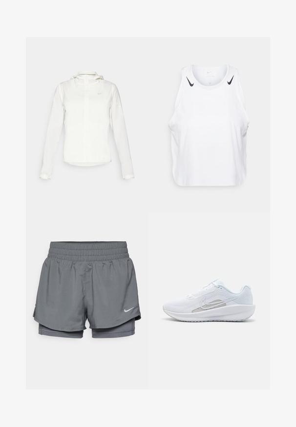 Casaco branco da Nike com capuz, fecho completo, punhos elásticos e um logótipo subtil no peito. Textura suave e design leve.; T-shirt branca sem mangas feita de um tecido leve, com detalhes do logotipo preto da Nike nos ombros, decote redondo e um corte relaxado.; Nike Performance ONE - Calções 2 em 1 - iron grey/reflective silver; Sapatilha atlética branca com parte superior em rede, bico arredondado e sola texturizada. Apresenta o símbolo Nike em prata e um design minimalista.