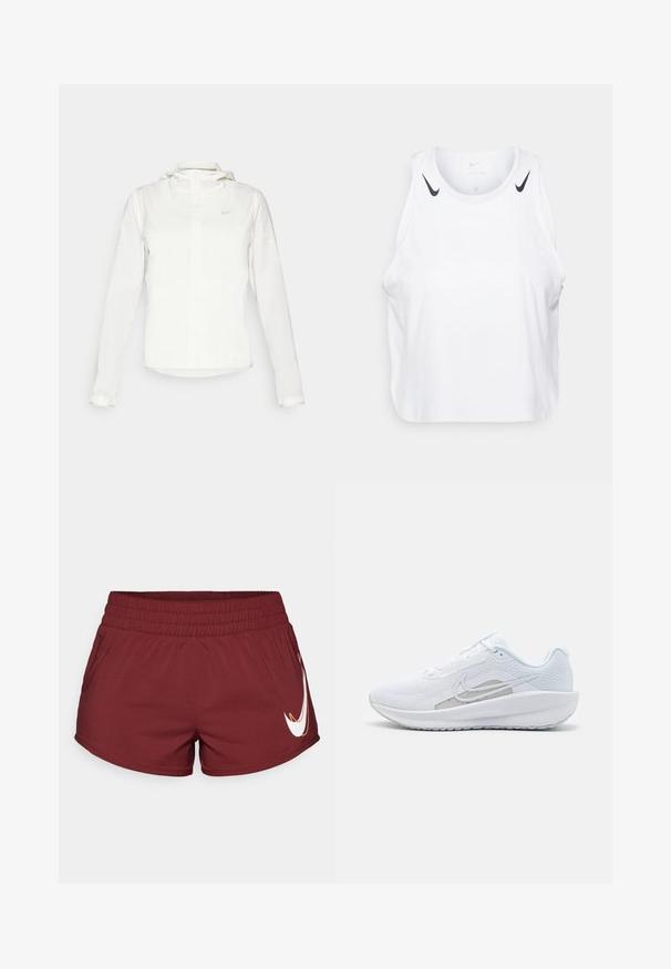 Casaco branco da Nike com capuz, fecho completo, punhos elásticos e um logótipo subtil no peito. Textura suave e design leve.; T-shirt branca sem mangas feita de um tecido leve, com detalhes do logotipo preto da Nike nos ombros, decote redondo e um corte relaxado.; Calções de atletismo bordô com uma cintura elástica, bolsos laterais e um logo Swoosh branco da Nike na parte inferior direita. Textura de tecido suave.; Sapatilha atlética branca com parte superior em rede, bico arredondado e sola texturizada. Apresenta o símbolo Nike em prata e um design minimalista.