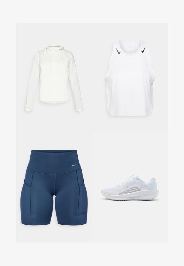 Balta Nike jaka ar kapuci, pilna rāvējslēdzēja, elastīgām piedurknēm un diskrētu logotipu uz krūšu daļas. Gluda tekstūra un viegla konstrukcija.; Balta bezpiedurkņu topa tērps, izgatavots no viegla auduma, ar melnām Nike logo akcentiem uz pleciem, apaļu kakla izgriezumu un brīvu piegriezumu.; Nike Performance GO - Legingi - armory navy/black; Baltas sporta apdedzinājums ar sietu augšdaļu, noapaļotu purngalu un teksturētu zoli. Tam ir sudraba Nike zvīņa un minimālisma dizains.