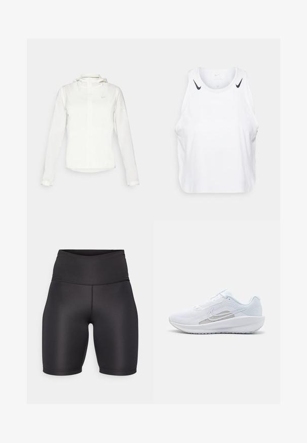 Bijela Nike jakna s kapuljačom, punim zatvaračem, elastičnim manžetama i suptilnim logotipom na prsima. Glatka textura i lagan dizajn.; Bjela majica bez rukava napravljena od lagane tkanine, sa crnim Nike logotipom na ramenima, okruglim izrezom i ležernim krojem.; Crne atletske kratke hlače s visokim strukom, izrađene od glatkog, rastezljivog materijala. Imaju bešavan dizajn i dužinu do koljena.; Bijela atletska cipela s mrežastom gornjom površinom, zaobljenim nožnim prstom i teksturiranim potplatom. Sadrži srebrni Nike swoosh i minimalistički dizajn.