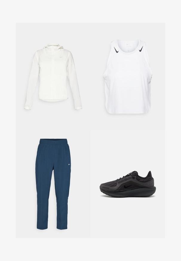 White Nike jacket with a hood, full zip, elastic cuffs, and a subtle logo on the chest. Smooth texture and lightweight design.; White sleeveless tank top made of lightweight fabric, featuring black Nike logo accents on shoulders, round neckline, and relaxed fit.; Navy blue athletic pants with an elastic waistband, side pockets, and a small white logo on the left thigh. Smooth, lightweight fabric.; Black athletic shoe with quilted upper, textured accents, and a cushioned sole. Features a prominent Nike logo and durable outsole.