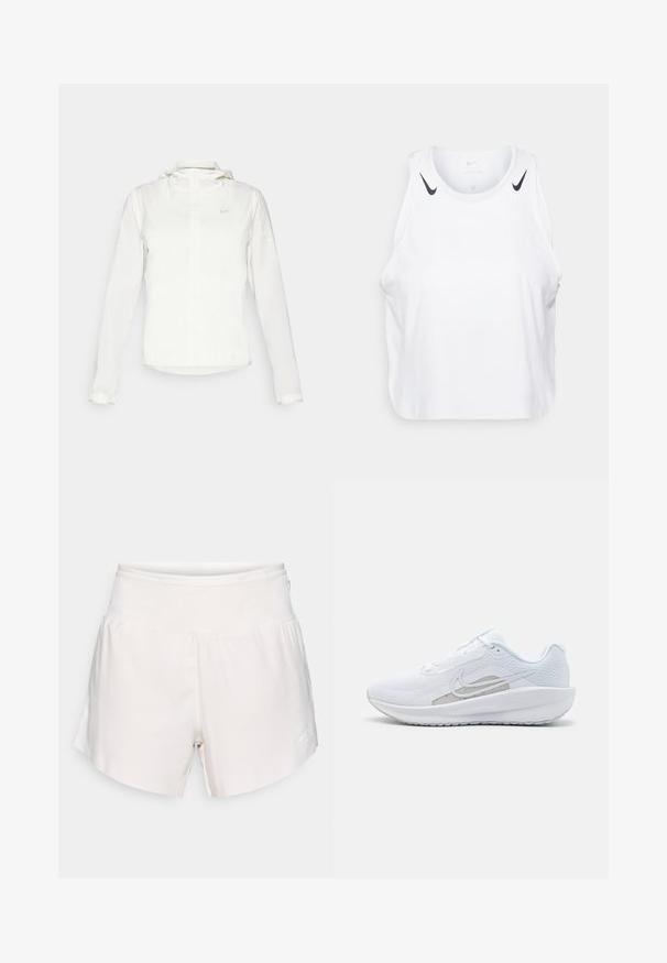 Balta Nike striukė su gobtuvu, pilnu užtrauktuku, elastingomis rankovėmis ir subtiliu logotipu ant krūtinės. Sklandi tekstūra ir lengvas dizainas.; Baltas be rankovių marškinėliai, pagaminti iš lengvos medžiagos, su juodais Nike logotipo akcentais ant pečių, apvaliu iškirpimu ir laisvu siluetu.; Šviesiai rudos sportinės šortai su elastinga juosmena, lenktu kraštu ir mažuoju baltu logotipu dešinėje pusėje. Lygus audinio tekstūra.; Baldas sportinis batelis su tinkleliu viršuje, apvaliu toe ir tekstūruota padais. Pabrėžia sidabrinį Nike swoosh ir minimalistinį dizainą.