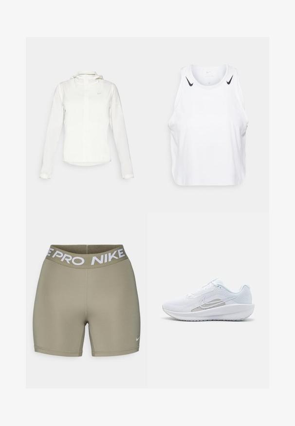 Vit Nike-jacka med huva, hel dragkedja, elastiska ärmslutar och en diskret logotyp på bröstet. Slät textur och lätt design.; Vit ärmlös linne gjord av lättviktig tyg, med svarta Nike-logotypdetaljer på axlarna, rund halsringning och avslappnad passform.; Olivgröna idrottsshorts med ett tjockt vitt elastiskt midjeband som har "NIKE PRO" på. Slät, elastisk tygkvalitet med sömdetaljer.; Vit sportskor med övre del av mesh, rund tå och texturerad sula. Har en silverfärgad Nike swoosh och en minimalistisk design.