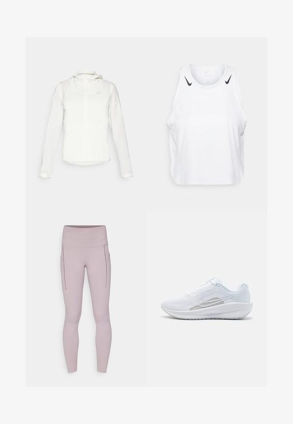 Weiße Nike-Jacke mit Kapuze, durchgehendem Reißverschluss, elastischen Bündchen und einem dezenten Logo auf der Brust. Glatte Textur und leichtes Design.; Weißes ärmelloses Tanktop aus leichtem Stoff, mit schwarzen Nike-Logo-Akzenten an den Schultern, rundem Ausschnitt und lässigem Schnitt.; Leggings in hellmaul, aus dehnbarem Stoff, mit hohem Bund und Seitentaschen mit Nähdetails.; Weißer Sport Schuh mit Mesh-Obermaterial, abgerundeter Zehenpartie und strukturiertem Sohlenprofil. Mit einem silbernen Nike Swoosh und minimalistischem Design.
