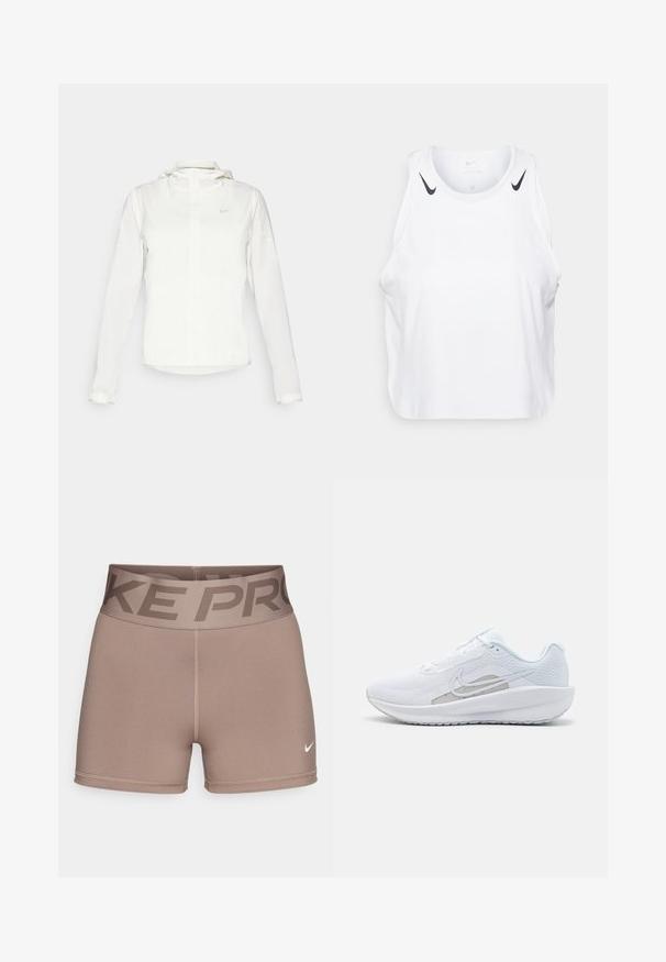 Jachetă albă Nike cu glugă, fermoar pe toată lungimea, manșete elastice și un logo subtil pe piept. Textură netedă și design ușor.; Top fără mâneci alb, realizat dintr-un material ușor, cu accente ale logo-ului Nike de culoare neagră pe umeri, gât rotund și croială lejeră.; Șorturi Nike Pro de culoare maronie deschisă, cu un brâu lat ce afișează literele închise "NIKE PRO". Fabricate dintr-un material elastic și neted, cu un mic detaliu logo.; Pantof de atletism alb cu plasă superioară, vârf rotunjit și talpă texturată. Prezentă un logo Nike argintiu și un design minimalist.