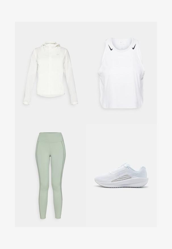Bela Nike jakna s kapuco, polno zadrgo, elastičnimi manšetami in diskretnim logotipom na prsih. Gladka tekstura in lahko oblikovanje.; Bela brezrokavnik iz lahkega materiala, s črnimi Nike logotipnimi poudarki na ramenih, okroglo ovratnico in sproščenim krojem.; Mintsko zelene legice z visokim pasom; imajo kontrastno šivanje ob stranskih šivih; narejene so iz raztegljivega, gladkega materiala.; Bela športna čevlja z mrežastim zgornjim delom, zaobljenim nosom in teksturiranim podplatom. Ima srebrni Nike znak in minimalističen dizajn.