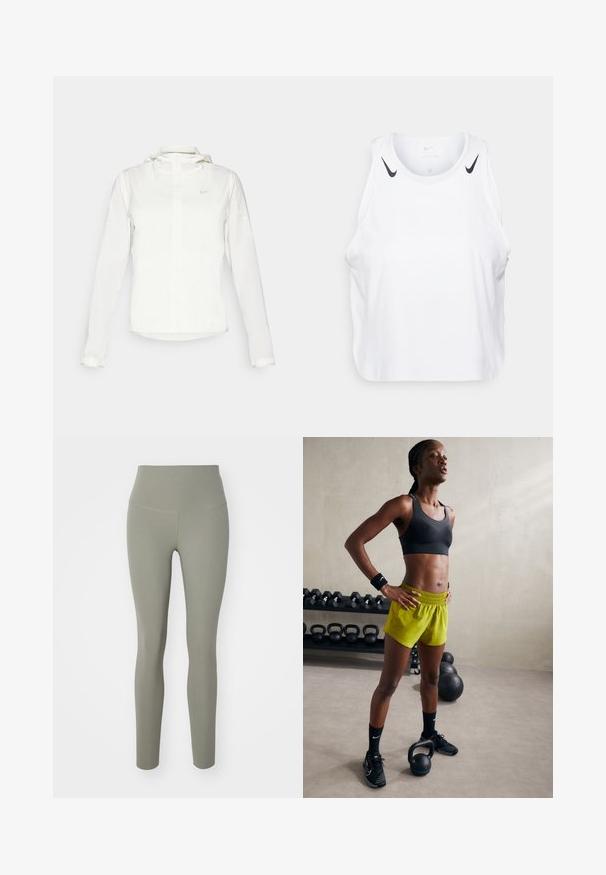 White Nike jacket with a hood, full zip, elastic cuffs, and a subtle logo on the chest. Smooth texture and lightweight design.; White sleeveless tank top made of lightweight fabric, featuring black Nike logo accents on shoulders, round neckline, and relaxed fit.; Nike Performance ZENVY HR 7/8 - Leggings - light army; Black sports bra, bright yellow shorts with an elastic waistband, black athletic shoes, and wristbands, standing beside kettlebells.
