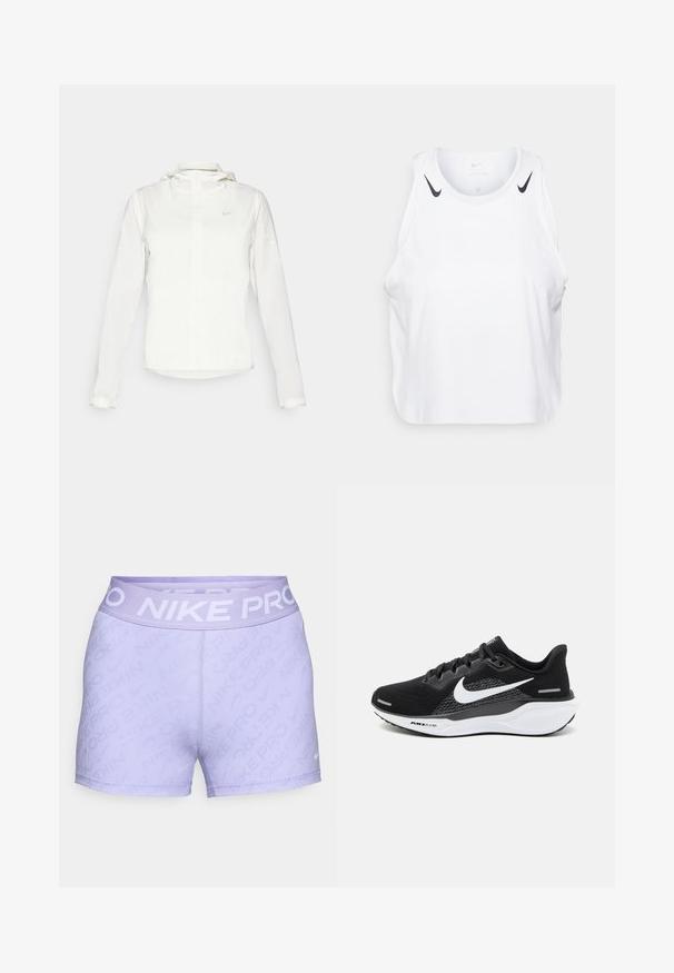 Casaco branco da Nike com capuz, fecho completo, punhos elásticos e um logótipo subtil no peito. Textura suave e design leve.; T-shirt branca sem mangas feita de um tecido leve, com detalhes do logotipo preto da Nike nos ombros, decote redondo e um corte relaxado.; Calças curtas Nike Pro em roxo claro com um design texturizado em nervuras, cintura elástica com o nome da marca em branco e detalhes de bainha cosidos.; Sapatilha atletica preta com parte superior em malha, um swoosh branco da Nike e uma sola branca almofadada com detalhes texturizados.