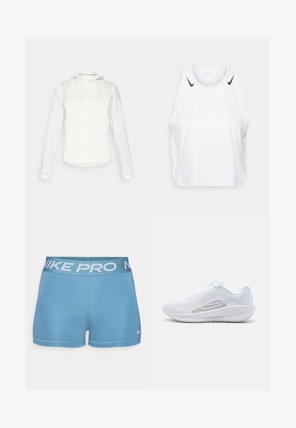 Casaco branco da Nike com capuz, fecho completo, punhos elásticos e um logótipo subtil no peito. Textura suave e design leve.; T-shirt branca sem mangas feita de um tecido leve, com detalhes do logotipo preto da Nike nos ombros, decote redondo e um corte relaxado.; Calções de atletismo azuis feitos de um tecido liso e elástico. Apresentam uma cinta larga com a inscrição "NIKE PRO" em azul claro e um pequeno logotipo.; Sapatilha atlética branca com parte superior em rede, bico arredondado e sola texturizada. Apresenta o símbolo Nike em prata e um design minimalista.