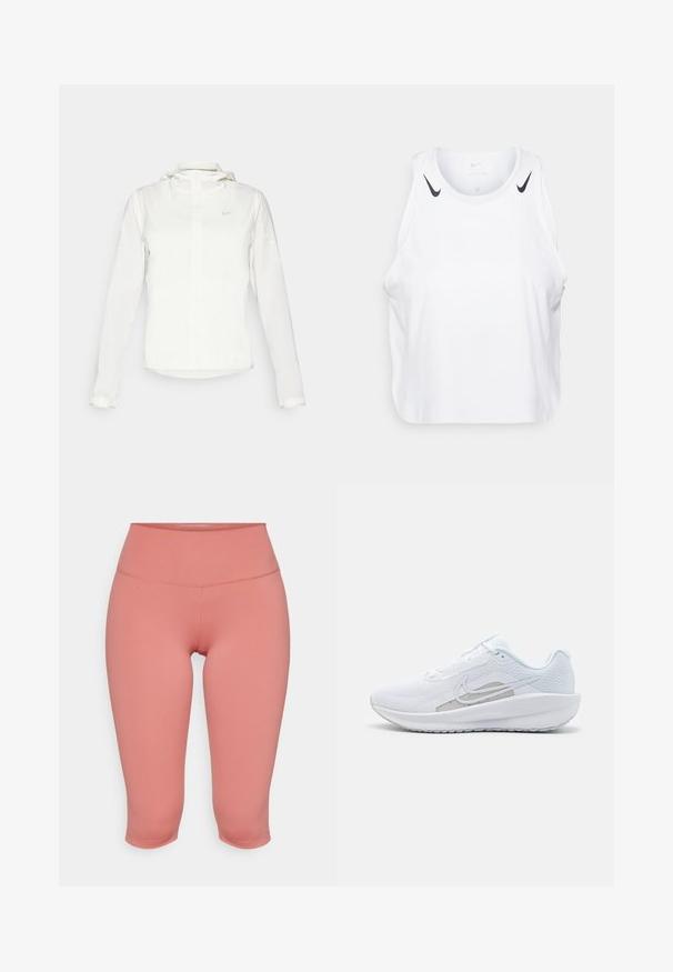 Chaqueta blanca de Nike con capucha, cremallera completa, puños elásticos y un logo sutil en el pecho. Textura suave y diseño ligero.; Top sin mangas blanco de tela ligera, con detalles del logo negro de Nike en los hombros, escote redondo y ajuste holgado.; Leggings capri de color rosa empolvado con una cintura alta. Están hechos de tela elástica, con costuras planas y una textura suave.; Zapatilla deportiva blanca con parte superior de malla, punta redondeada y suela texturizada. Presenta un swoosh de Nike plateado y un diseño minimalista.