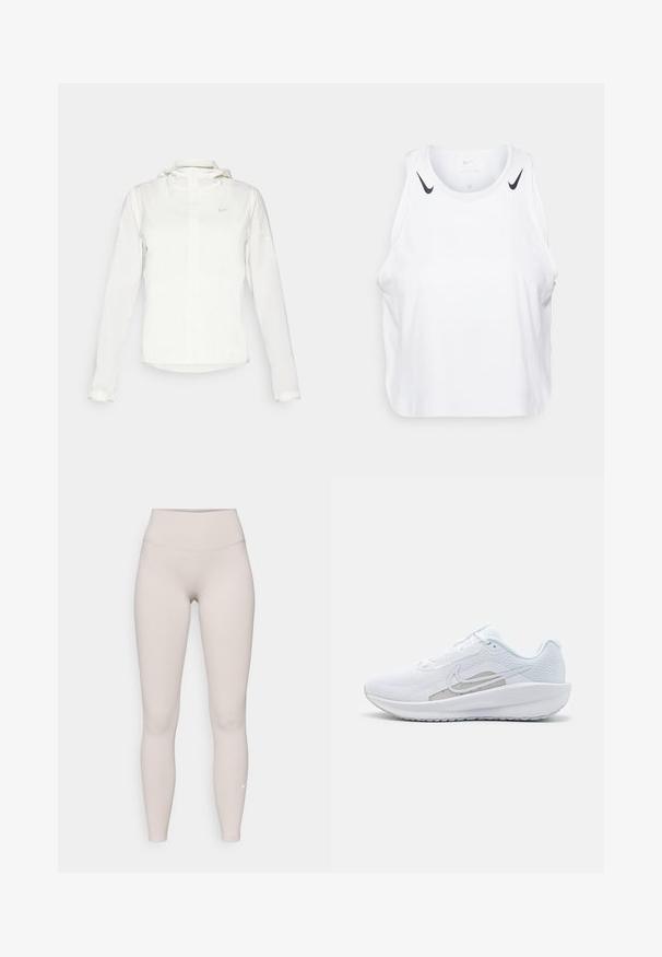 Casaco branco da Nike com capuz, fecho completo, punhos elásticos e um logótipo subtil no peito. Textura suave e design leve.; T-shirt branca sem mangas feita de um tecido leve, com detalhes do logotipo preto da Nike nos ombros, decote redondo e um corte relaxado.; Leggings beige de cintura alta feitos de um tecido macio e elástico, com uma textura suave e um pequeno logótipo branco perto do tornozelo.; Sapatilha atlética branca com parte superior em rede, bico arredondado e sola texturizada. Apresenta o símbolo Nike em prata e um design minimalista.
