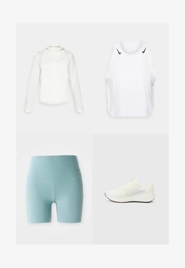 Vit Nike-jacka med huva, hel dragkedja, elastiska ärmslutar och en diskret logotyp på bröstet. Slät textur och lätt design.; Vit ärmlös linne gjord av lättviktig tyg, med svarta Nike-logotypdetaljer på axlarna, rund halsringning och avslappnad passform.; Ljust blå, högmidjade, figursydda träningsshorts med en liten, diskret logotyp på höger höft mot en vit bakgrund.; Nike Performance DOWNSHIFTER 13 - Väglöparskor - sail/silver-coloured photon dust/summit white/barely volt/black