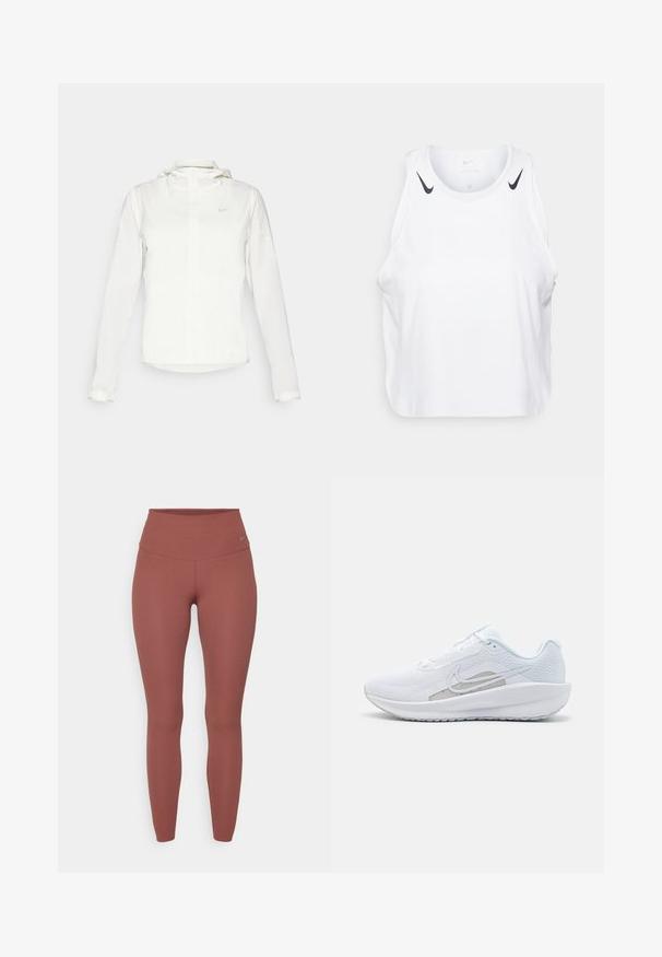 Giacca Nike bianca con cappuccio, zip completa, polsini elasticizzati e un logo discreto sul petto. Texture liscia e design leggero.; Top senza maniche bianco realizzato in tessuto leggero, con accenti del logo Nike nero sulle spalle, scollatura rotonda e vestibilità morbida.; Collant di colore rosso-marrone realizzati in tessuto elasticizzato. Presentano un'alta vita e un piccolo logo del marchio vicino all'anca.; Scarpa sportiva bianca con tomaia in rete, punta arrotondata e suola testurizzata. Presenta il logo Nike in argento e un design minimalista.