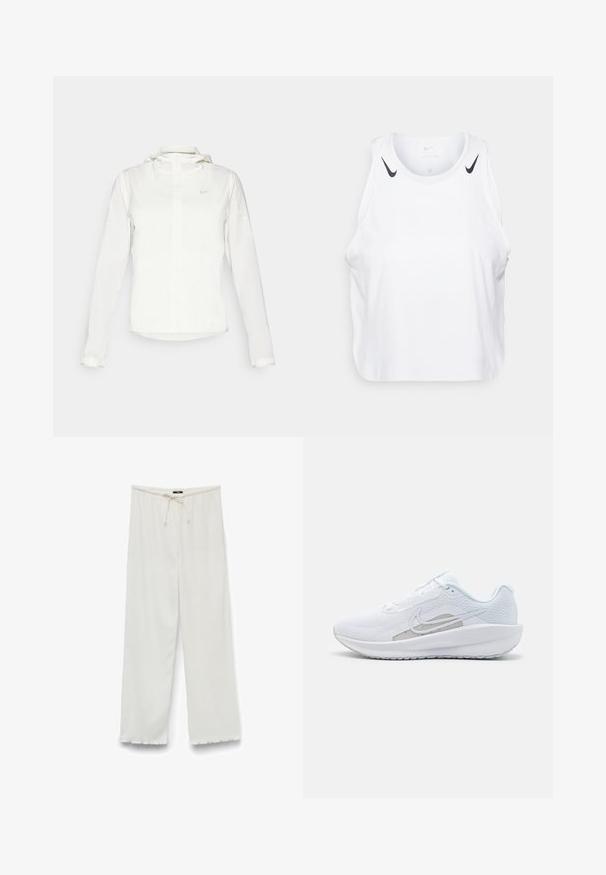 Weiße Nike-Jacke mit Kapuze, durchgehendem Reißverschluss, elastischen Bündchen und einem dezenten Logo auf der Brust. Glatte Textur und leichtes Design.; Weißes ärmelloses Tanktop aus leichtem Stoff, mit schwarzen Nike-Logo-Akzenten an den Schultern, rundem Ausschnitt und lässigem Schnitt.; Hose mit weitem Bein in Off-White, aus einem strukturierten Stoff, mit elastischem Bund und Kordelzug sowie rohen Kanten an den Säumen.; Weißer Sport Schuh mit Mesh-Obermaterial, abgerundeter Zehenpartie und strukturiertem Sohlenprofil. Mit einem silbernen Nike Swoosh und minimalistischem Design.