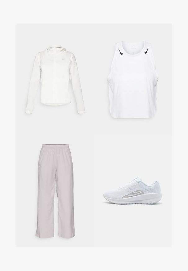 Fehér Nike dzseki kapucnival, teljes cipzárral, rugalmas mandzsettákkal és egy diszkrét logóval a mellkason. Sima textúrájú és könnyű kialakítású.; Fehér ujjatlan trikó, könnyű anyagból készült, fekete Nike logóval a vállaknál, kerek nyakkivágással és laza fazonnal.; Világosszürke, bő szárú nadrág rugalmas derékkal, két oldalzsebbel és sima anyagtextúrával. Minimális márkázás a szélén.; Fehér sportcipő hálós felsőrésze, kerek orra és textúrált talpa van. Ezüst Nike logóval és minimalista dizájnnal rendelkezik.
