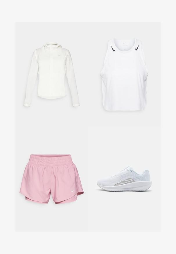 Chaqueta blanca de Nike con capucha, cremallera completa, puños elásticos y un logo sutil en el pecho. Textura suave y diseño ligero.; Top sin mangas blanco de tela ligera, con detalles del logo negro de Nike en los hombros, escote redondo y ajuste holgado.; Nike Performance ONE - Shorts 2 en 1 - elemental pink/reflective silver; Zapatilla deportiva blanca con parte superior de malla, punta redondeada y suela texturizada. Presenta un swoosh de Nike plateado y un diseño minimalista.