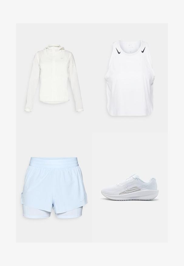 Witte Nike-jack met een capuchon, volledige rits, elastische manchetten en een subtiele logo op de borst. Gladde textuur en lichtgewicht ontwerp.; Witte mouwloze tanktop van lichtgewicht stof, met zwarte Nike-logo accenten op de schouders, een ronde halslijn en een relaxte pasvorm.; Lichtblauwe sportshorts met een gelaagd ontwerp, elastische tailleband en binnen shorts. Heeft het Nike-logo aan de onderzijde rechts.; Witte sportieve schoen met een bovenwerk van mesh, ronde neus en een textuurzool. Beschikt over een zilveren Nike swoosh en een minimalistisch ontwerp.