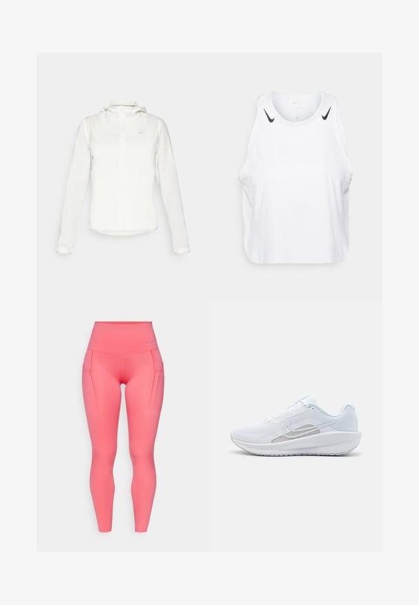 Chaqueta blanca de Nike con capucha, cremallera completa, puños elásticos y un logo sutil en el pecho. Textura suave y diseño ligero.; Top sin mangas blanco de tela ligera, con detalles del logo negro de Nike en los hombros, escote redondo y ajuste holgado.; Leggings rosas de talle alto con una textura suave, que cuentan con dos bolsillos laterales y un pequeño logo cerca de la cintura.; Zapatilla deportiva blanca con parte superior de malla, punta redondeada y suela texturizada. Presenta un swoosh de Nike plateado y un diseño minimalista.