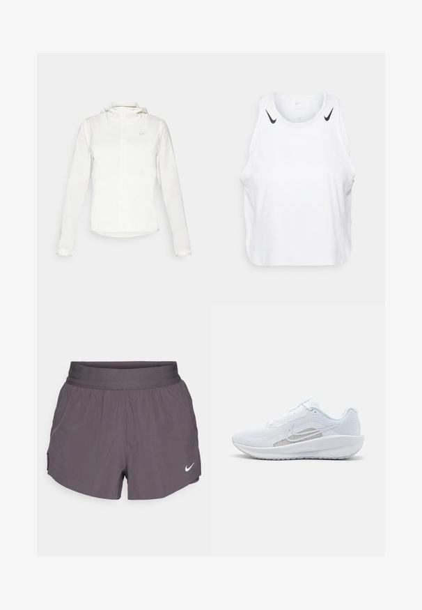 Bijela Nike jakna s kapuljačom, punim zatvaračem, elastičnim manžetama i suptilnim logotipom na prsima. Glatka textura i lagan dizajn.; Bjela majica bez rukava napravljena od lagane tkanine, sa crnim Nike logotipom na ramenima, okruglim izrezom i ležernim krojem.; Nike trkačke kratke hlače u tamno sivoj boji, s širokim elastikom u struku, laganom tkaninom, bočnim džepovima i suptilnim logotipom u bijeloj boji.; Bijela atletska cipela s mrežastom gornjom površinom, zaobljenim nožnim prstom i teksturiranim potplatom. Sadrži srebrni Nike swoosh i minimalistički dizajn.