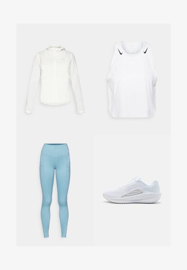 Bela Nike jakna s kapuco, polno zadrgo, elastičnimi manšetami in diskretnim logotipom na prsih. Gladka tekstura in lahko oblikovanje.; Bela brezrokavnik iz lahkega materiala, s črnimi Nike logotipnimi poudarki na ramenih, okroglo ovratnico in sproščenim krojem.; Svetlo modre legice z visokim pasom, opremljene z dvema stranskima žepoma in gladkim, elastičnim materialom. Oblika vključuje subtilne šive.; Bela športna čevlja z mrežastim zgornjim delom, zaobljenim nosom in teksturiranim podplatom. Ima srebrni Nike znak in minimalističen dizajn.