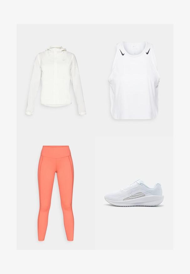 Weiße Nike-Jacke mit Kapuze, durchgehendem Reißverschluss, elastischen Bündchen und einem dezenten Logo auf der Brust. Glatte Textur und leichtes Design.; Weißes ärmelloses Tanktop aus leichtem Stoff, mit schwarzen Nike-Logo-Akzenten an den Schultern, rundem Ausschnitt und lässigem Schnitt.; Korallenfarbene Leggings aus dehnbarem Stoff, mit einem hohen Bund und kontrastierenden Seitennähten. Sie haben eine glatte Textur und bieten volle Beinabdeckung.; Weißer Sport Schuh mit Mesh-Obermaterial, abgerundeter Zehenpartie und strukturiertem Sohlenprofil. Mit einem silbernen Nike Swoosh und minimalistischem Design.