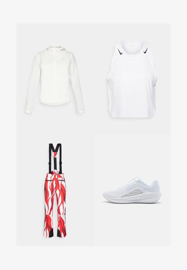 Bijela Nike jakna s kapuljačom, punim zatvaračem, elastičnim manžetama i suptilnim logotipom na prsima. Glatka textura i lagan dizajn.; Bjela majica bez rukava napravljena od lagane tkanine, sa crnim Nike logotipom na ramenima, okruglim izrezom i ležernim krojem.; Crvene i bijele hlače za snijeg s uzorkom, crnim detaljima i podesivim crnim suspenzorima. Sadrže zatvorene džepove sprijeda.; Bijela atletska cipela s mrežastom gornjom površinom, zaobljenim nožnim prstom i teksturiranim potplatom. Sadrži srebrni Nike swoosh i minimalistički dizajn.