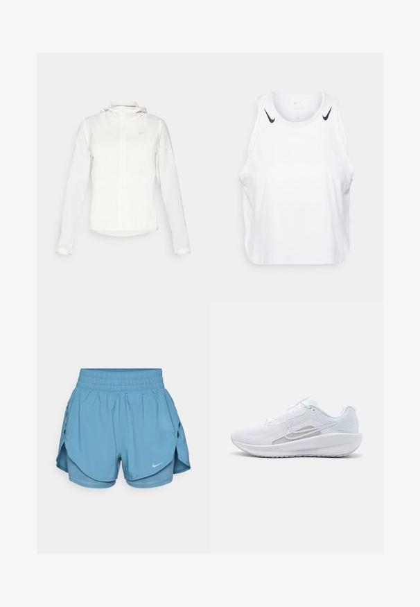 Chaqueta blanca de Nike con capucha, cremallera completa, puños elásticos y un logo sutil en el pecho. Textura suave y diseño ligero.; Top sin mangas blanco de tela ligera, con detalles del logo negro de Nike en los hombros, escote redondo y ajuste holgado.; Pantalones cortos Nike de color azul claro con cinturilla elástica, diseño en capas y aberturas laterales para ventilación. Presenta un pequeño detalle del logo en la parte frontal.; Zapatilla deportiva blanca con parte superior de malla, punta redondeada y suela texturizada. Presenta un swoosh de Nike plateado y un diseño minimalista.