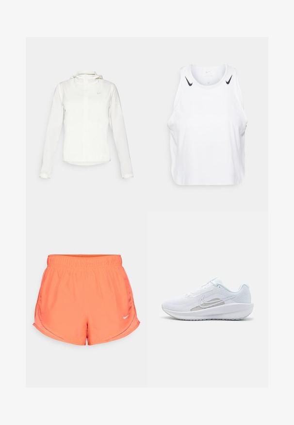 Bela Nike jakna s kapuco, polno zadrgo, elastičnimi manšetami in diskretnim logotipom na prsih. Gladka tekstura in lahko oblikovanje.; Bela brezrokavnik iz lahkega materiala, s črnimi Nike logotipnimi poudarki na ramenih, okroglo ovratnico in sproščenim krojem.; Koralne Nike kratke hlače imajo elastičen pas, bočne razpoke za mobilnost in majhen srebrn logo na spodnjem desnem delu. Gladek, lahek material.; Bela športna čevlja z mrežastim zgornjim delom, zaobljenim nosom in teksturiranim podplatom. Ima srebrni Nike znak in minimalističen dizajn.