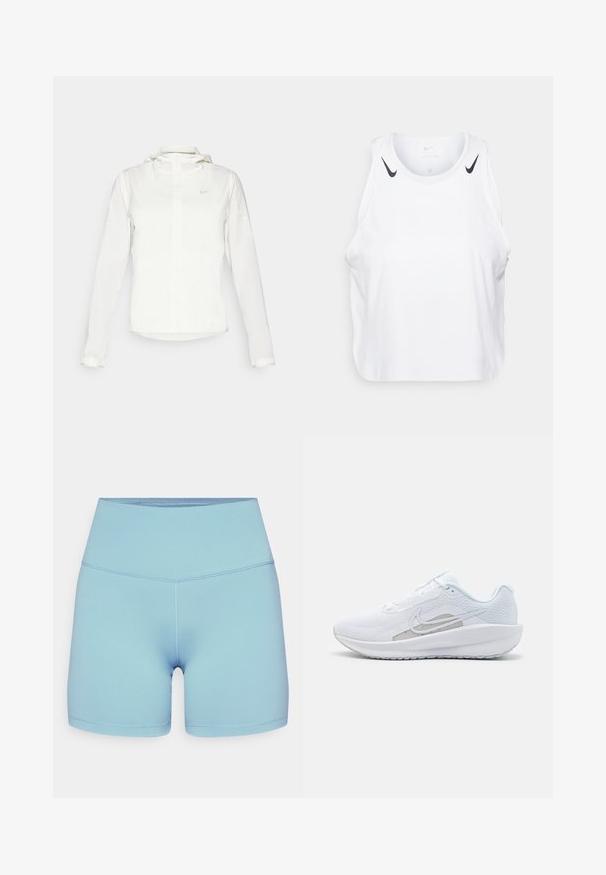 White Nike jacket with a hood, full zip, elastic cuffs, and a subtle logo on the chest. Smooth texture and lightweight design.; White sleeveless tank top made of lightweight fabric, featuring black Nike logo accents on shoulders, round neckline, and relaxed fit.; Nike Performance ONE SHORT - Leggings - denim turquoise/black; White athletic shoe with mesh upper, rounded toe, and textured sole. Features a silver Nike swoosh and minimalistic design.