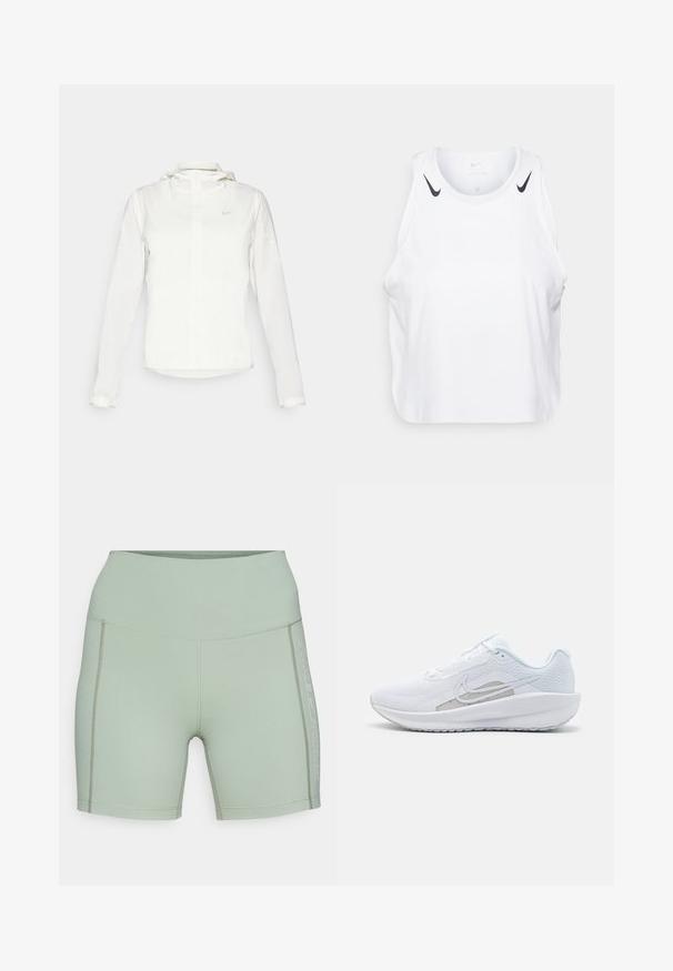 Weiße Nike-Jacke mit Kapuze, durchgehendem Reißverschluss, elastischen Bündchen und einem dezenten Logo auf der Brust. Glatte Textur und leichtes Design.; Weißes ärmelloses Tanktop aus leichtem Stoff, mit schwarzen Nike-Logo-Akzenten an den Schultern, rundem Ausschnitt und lässigem Schnitt.; Helle grüne Sportshorts aus dehnbarem Material. Verfügen über einen hohen Bund und Logo-Details an der Seite, mit flachen Nähten.; Weißer Sport Schuh mit Mesh-Obermaterial, abgerundeter Zehenpartie und strukturiertem Sohlenprofil. Mit einem silbernen Nike Swoosh und minimalistischem Design.