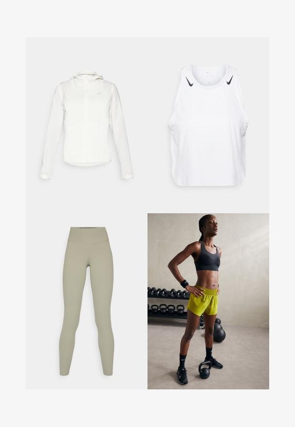 Weiße Nike-Jacke mit Kapuze, durchgehendem Reißverschluss, elastischen Bündchen und einem dezenten Logo auf der Brust. Glatte Textur und leichtes Design.; Weißes ärmelloses Tanktop aus leichtem Stoff, mit schwarzen Nike-Logo-Akzenten an den Schultern, rundem Ausschnitt und lässigem Schnitt.; Hochgeschnittene, enganliegende Leggings aus einem weichen, gedämpften olivgrünen Stoff mit einer glatten Textur und ohne sichtbare Muster oder Hardwaredetails.; Schwarzer Sport-BH, leuchtend gelbe Shorts mit elastischem Bund, schwarze Sportschuhe und Handgelenkbandagen, stehend neben Kettlebells.