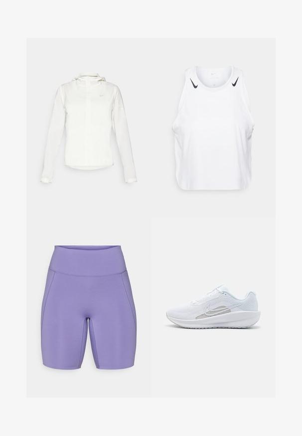 Hvid Nike-jakke med hætte, fuld lynlås, elastiske manchetter og et diskret logo på brystet. Glat tekstur og let design.; Hvid ærmeløs tanktop lavet af letvægtsmateriale, med sorte Nike-logo detaljer på skuldrene, rund halsudskæring og afslappet pasform.; Lilla træningsshorts med høj talje, tætsiddende design, glat tekstur og subtile stikninger på siden.; Hvid træningssko med mesh-overdel, rund tå og tekstureret sål. Har et sølvfarvet Nike-swoosh og et minimalistisk design.