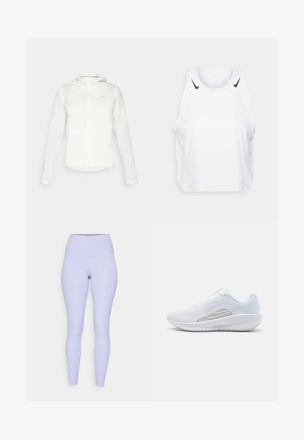 Giacca Nike bianca con cappuccio, zip completa, polsini elasticizzati e un logo discreto sul petto. Texture liscia e design leggero.; Top senza maniche bianco realizzato in tessuto leggero, con accenti del logo Nike nero sulle spalle, scollatura rotonda e vestibilità morbida.; Leggings viola chiaro con vita alta, realizzati in tessuto elastico. Texture liscia e senza motivi visibili o dettagli in metallo.; Scarpa sportiva bianca con tomaia in rete, punta arrotondata e suola testurizzata. Presenta il logo Nike in argento e un design minimalista.