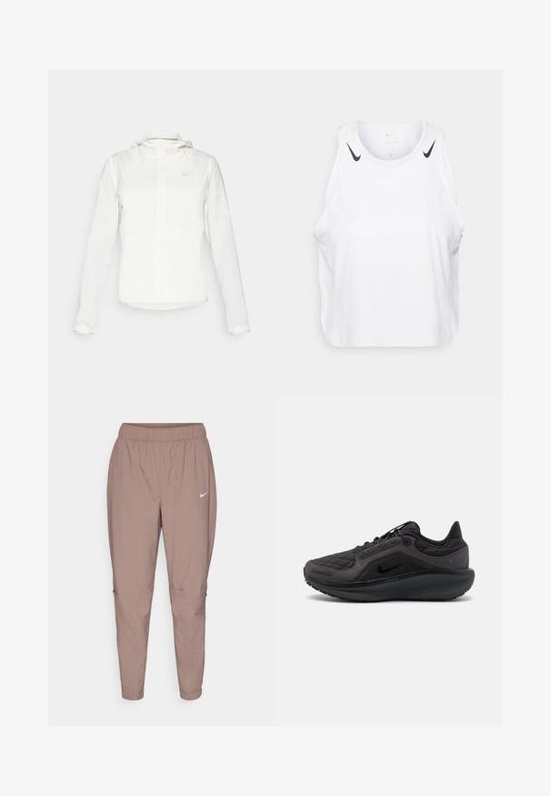 Bela Nike jakna s kapuco, polno zadrgo, elastičnimi manšetami in diskretnim logotipom na prsih. Gladka tekstura in lahko oblikovanje.; Bela brezrokavnik iz lahkega materiala, s črnimi Nike logotipnimi poudarki na ramenih, okroglo ovratnico in sproščenim krojem.; Svetlo rjave, uske atletske hlače z elastičnim pasom in majhnim belim logotipom Nike. Gladka tekstura, brez vidnih vzorcev ali dodatkov.; Črne športne čevlje s prešitim zgornjim delom, teksturiranimi dodatki in oblazinjenim podplatom. Imajo izstopajoč Nike logo in trpežno zunanje podplate.