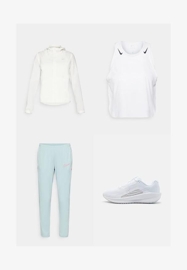 White Nike jacket with a hood, full zip, elastic cuffs, and a subtle logo on the chest. Smooth texture and lightweight design.; White sleeveless tank top made of lightweight fabric, featuring black Nike logo accents on shoulders, round neckline, and relaxed fit.; Light blue Nike sweatpants with a smooth texture, elastic waistband, and pink logo accents on the left thigh and pockets.; White athletic shoe with mesh upper, rounded toe, and textured sole. Features a silver Nike swoosh and minimalistic design.