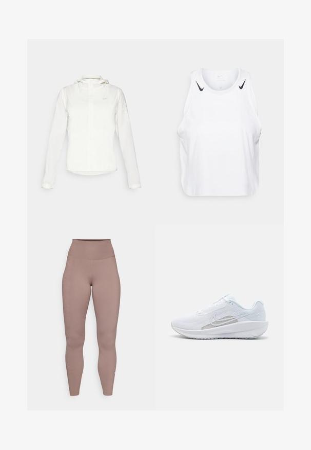 Veste blanche Nike avec capuche, fermeture éclair intégrale, poignets élastiques et un logo discret sur la poitrine. Texture lisse et design léger.; Débardeur blanc sans manches en tissu léger, avec des accents du logo Nike noir sur les épaules, un col rond et une coupe décontractée.; Leggings taille haute dans une teinte mauve douce, fabriqués en tissu extensible et lisse, avec des coutures minimales et un petit logo au bas.; Baskets blanches avec une tige en mesh, bout rond et semelle texturée. Présentent un swoosh Nike argenté et un design minimaliste.