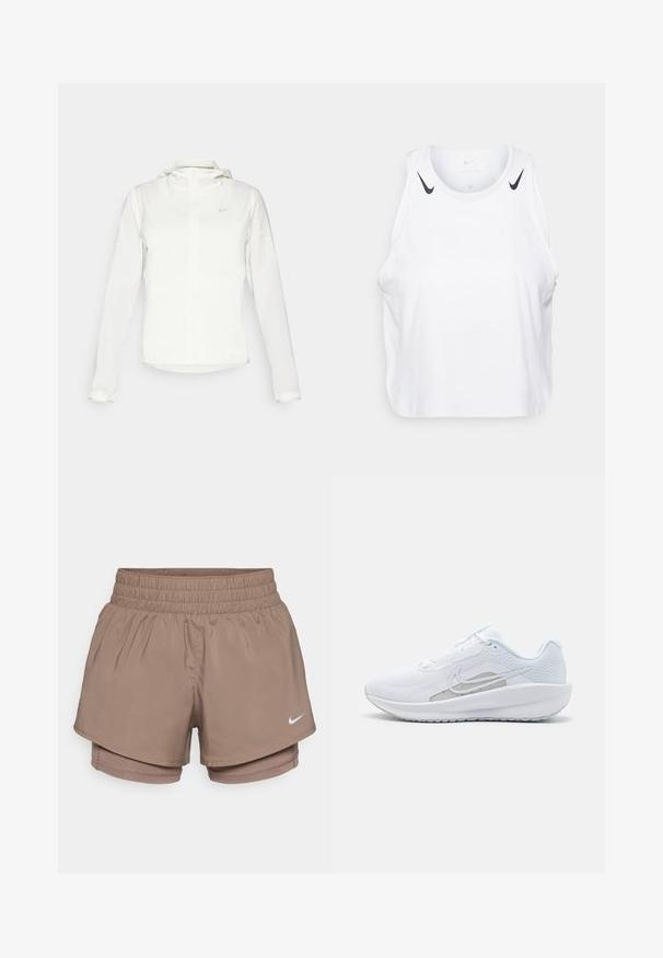 Chaqueta blanca de Nike con capucha, cremallera completa, puños elásticos y un logo sutil en el pecho. Textura suave y diseño ligero.; Top sin mangas blanco de tela ligera, con detalles del logo negro de Nike en los hombros, escote redondo y ajuste holgado.; Los pantalones cortos deportivos de Nike están hechos de un tejido marrón ligero y elástico, con una cinturilla elástica y pantalones interiores incorporados. Pequeño logo blanco en la parte frontal.; Zapatilla deportiva blanca con parte superior de malla, punta redondeada y suela texturizada. Presenta un swoosh de Nike plateado y un diseño minimalista.