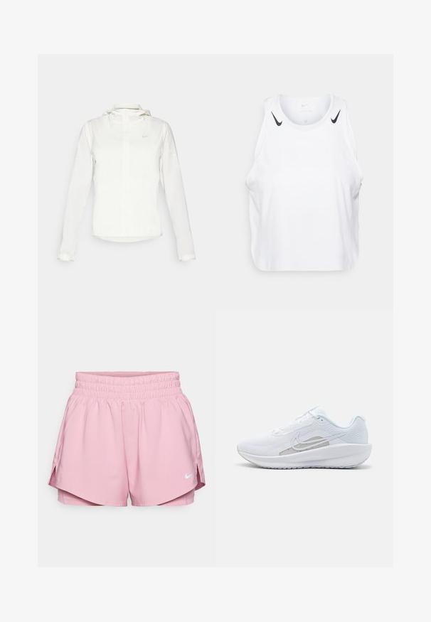 Witte Nike-jack met een capuchon, volledige rits, elastische manchetten en een subtiele logo op de borst. Gladde textuur en lichtgewicht ontwerp.; Witte mouwloze tanktop van lichtgewicht stof, met zwarte Nike-logo accenten op de schouders, een ronde halslijn en een relaxte pasvorm.; Nike Performance ONE SHORT - Korte broeken - elemental pink/reflective silver; Witte sportieve schoen met een bovenwerk van mesh, ronde neus en een textuurzool. Beschikt over een zilveren Nike swoosh en een minimalistisch ontwerp.