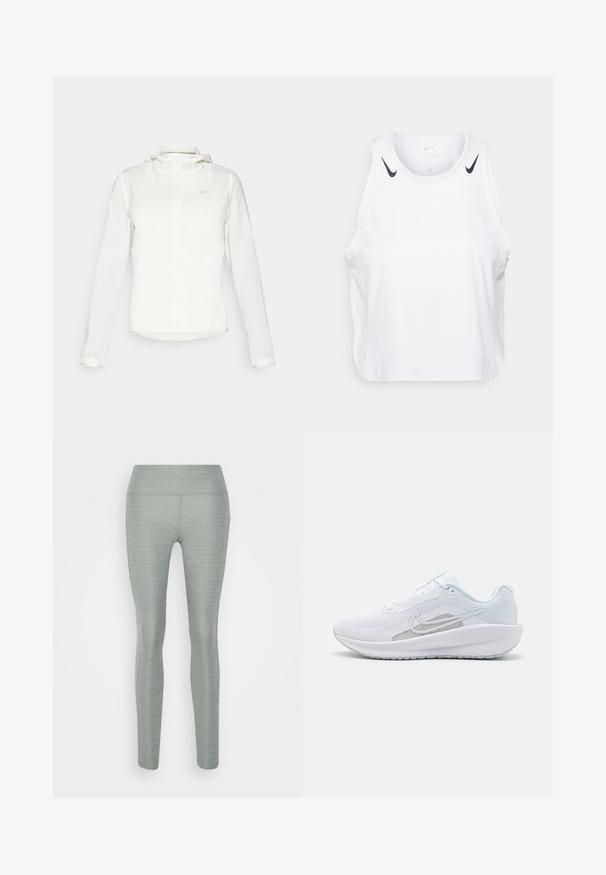 Casaco branco da Nike com capuz, fecho completo, punhos elásticos e um logótipo subtil no peito. Textura suave e design leve.; T-shirt branca sem mangas feita de um tecido leve, com detalhes do logotipo preto da Nike nos ombros, decote redondo e um corte relaxado.; Leggings verdes claros feitos de um tecido elástico, com uma textura suave, alta cintura e design ajustado. Sem padrões visíveis ou detalhes.; Sapatilha atlética branca com parte superior em rede, bico arredondado e sola texturizada. Apresenta o símbolo Nike em prata e um design minimalista.