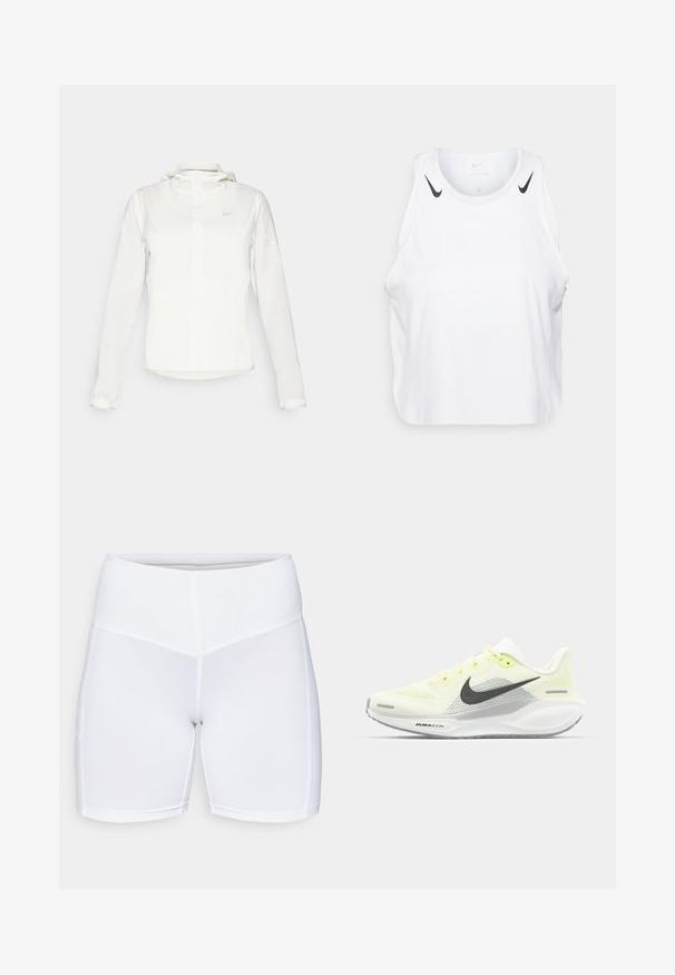 Witte Nike-jack met een capuchon, volledige rits, elastische manchetten en een subtiele logo op de borst. Gladde textuur en lichtgewicht ontwerp.; Witte mouwloze tanktop van lichtgewicht stof, met zwarte Nike-logo accenten op de schouders, een ronde halslijn en een relaxte pasvorm.; Witte sportieve shorts van rekbaar materiaal, met een hoge tailleband en platte naden. Gladde textuur zonder zichtbare zakken of patronen.; Nike hardloopschoenen met een lichtgele en witte mesh bovenkant, grijze accenten en een flexibele rubberen zool. Voorzien van een vetersluiting.