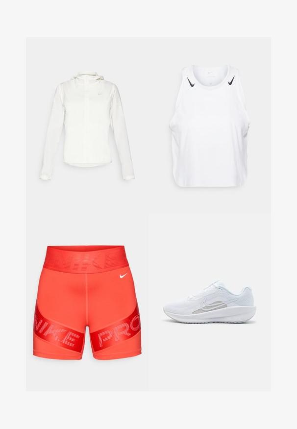 Giacca Nike bianca con cappuccio, zip completa, polsini elasticizzati e un logo discreto sul petto. Texture liscia e design leggero.; Top senza maniche bianco realizzato in tessuto leggero, con accenti del logo Nike nero sulle spalle, scollatura rotonda e vestibilità morbida.; Shorts in compressione Nike Pro di un vivace rosso brillante con una cintura larga che presenta il testo "NIKE" e il piccolo swoosh bianco di Nike sul lato destro davanti.; Scarpa sportiva bianca con tomaia in rete, punta arrotondata e suola testurizzata. Presenta il logo Nike in argento e un design minimalista.
